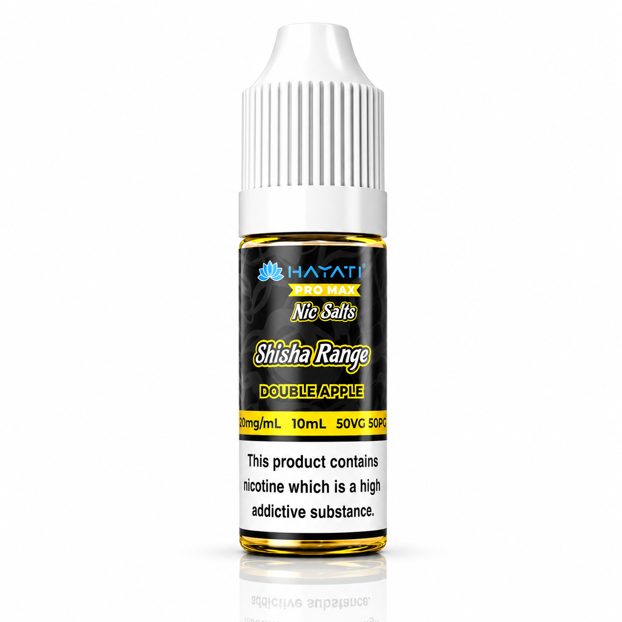 Hayati Pro Max Nic Salts Shisha Range e-liquid bottle on a pure white background with warning label, studio product image.