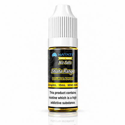 Hayati Pro Max Nic Salts Shisha Range e-liquid bottle on a pure white background with warning label, studio product image.