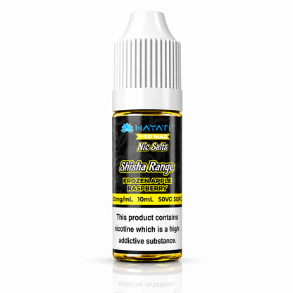 Hayati Pro Max Nic Salts Shisha Range e-liquid bottle on a pure white background with warning label, studio product image.