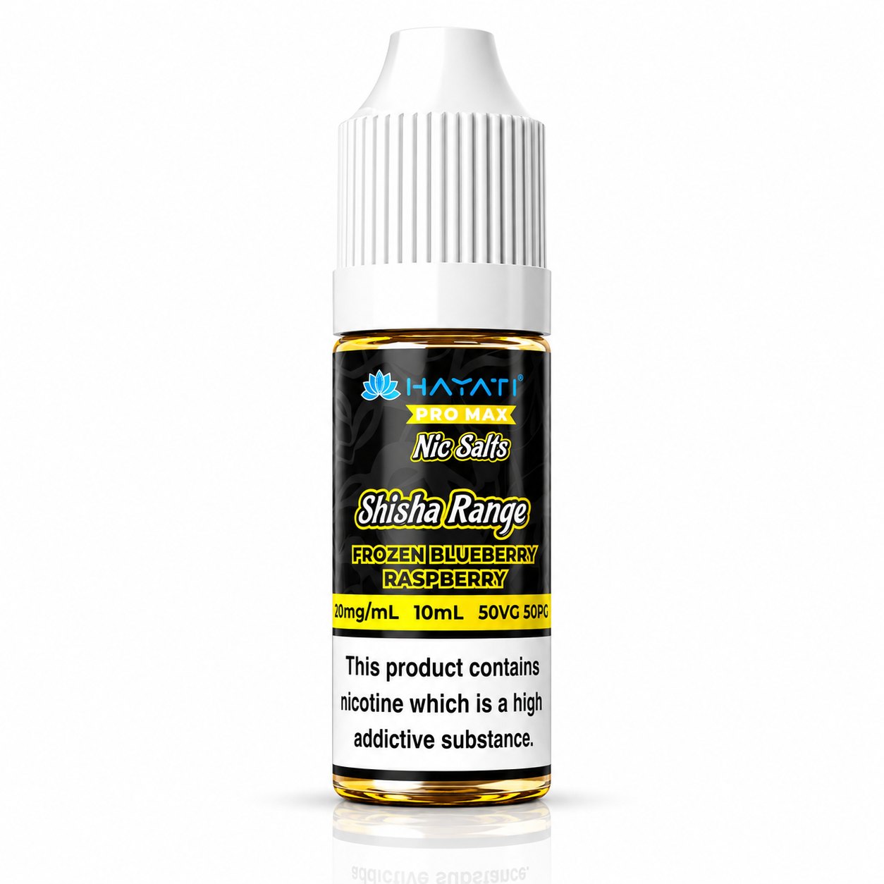 Hayati Pro Max Nic Salts Shisha Range e-liquid bottle on a pure white background with warning label, studio product image.