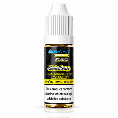 Hayati Pro Max Nic Salts Shisha Range e-liquid bottle on a pure white background with warning label, studio product image.
