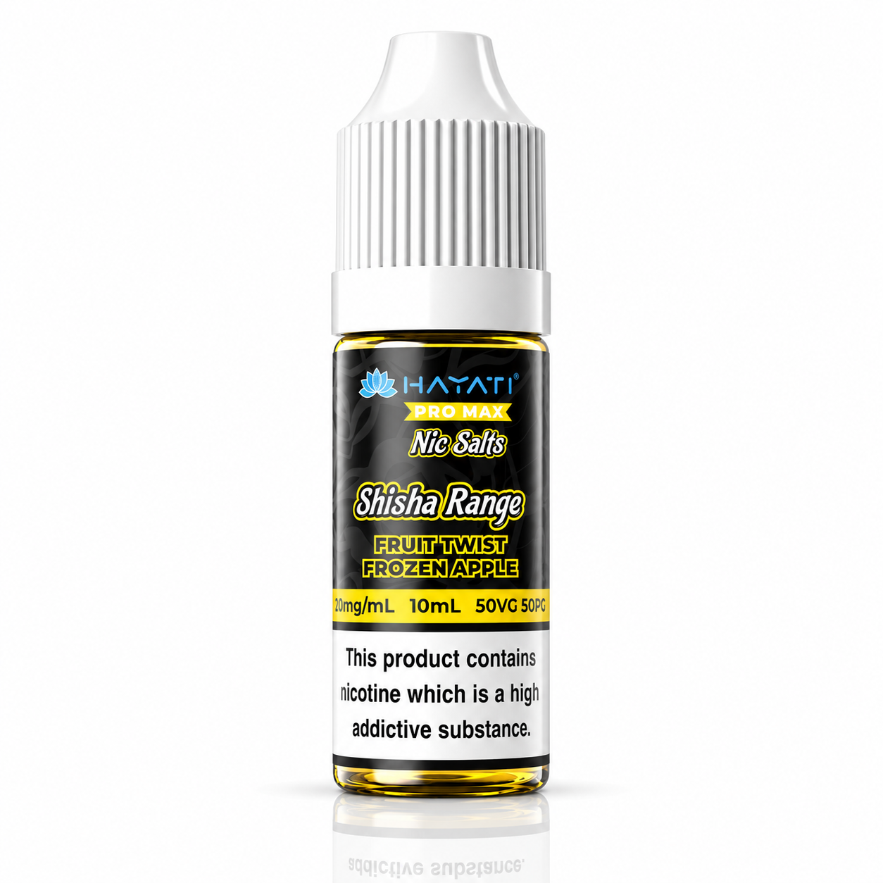 Hayati Pro Max Nic Salts Shisha Range e-liquid bottle on a pure white background with warning label, studio product image.