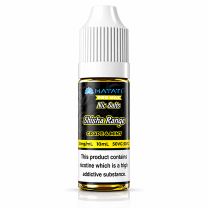 Hayati Pro Max Nic Salts Shisha Range e-liquid bottle on a pure white background with warning label, studio product image.