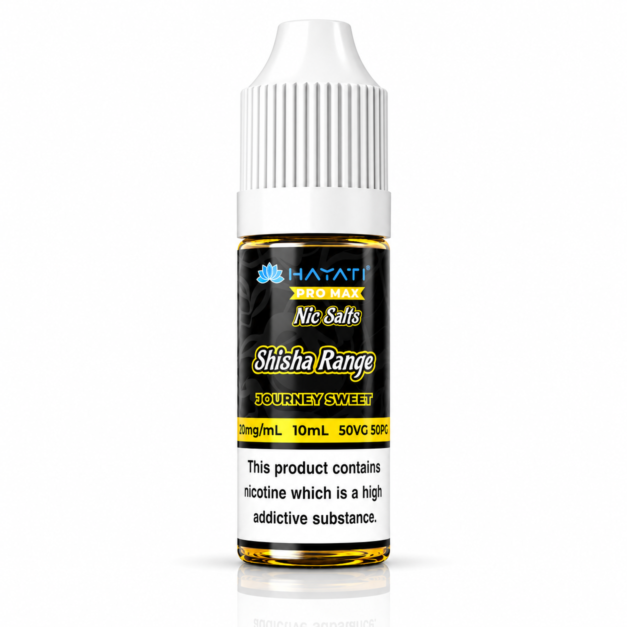 Hayati Pro Max Nic Salts Shisha Range e-liquid bottle on a pure white background with warning label, studio product image.