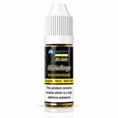 Hayati Pro Max Nic Salts Shisha Range e-liquid bottle on a pure white background with warning label, studio product image.