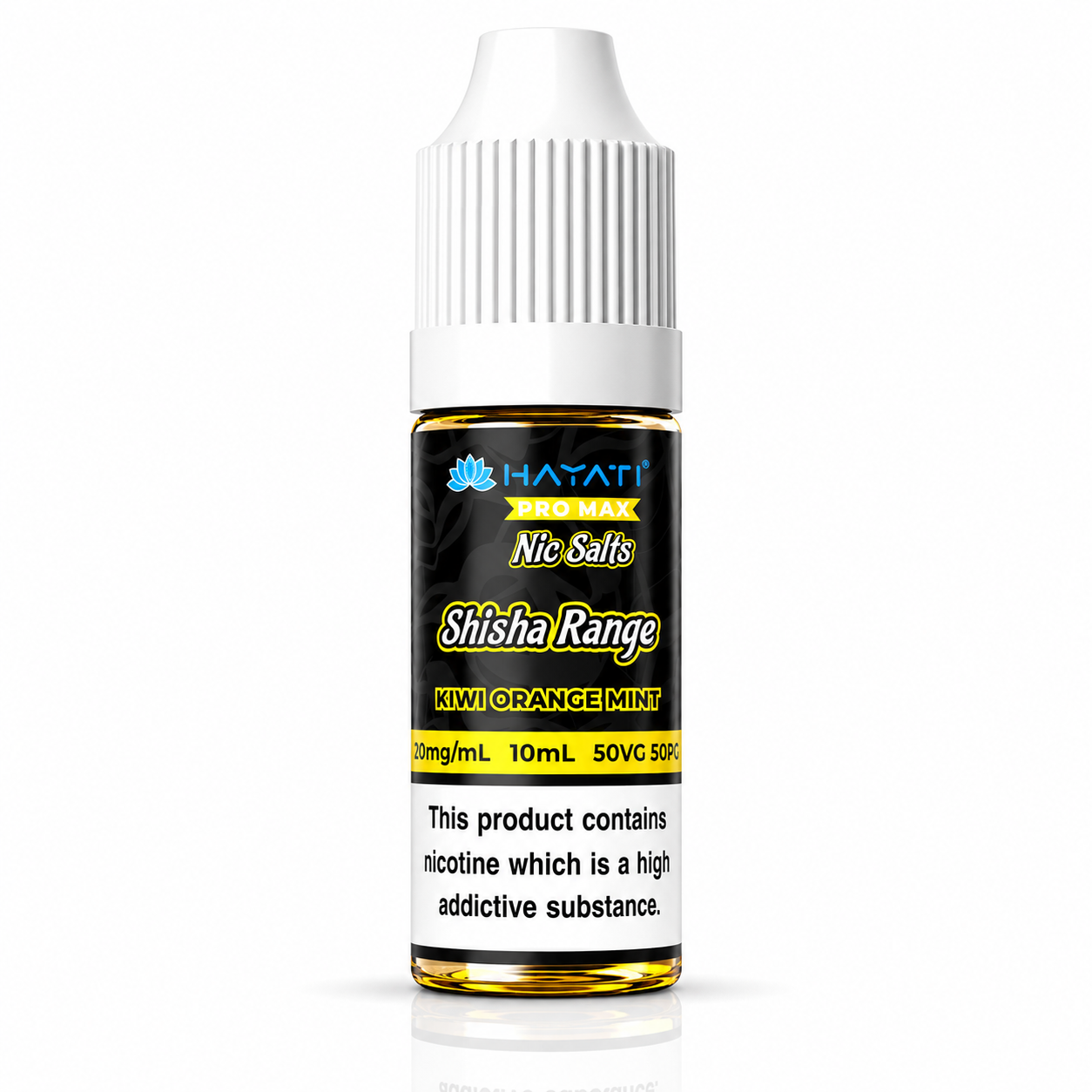 Hayati Pro Max Nic Salts Shisha Range e-liquid bottle on a pure white background with warning label, studio product image.