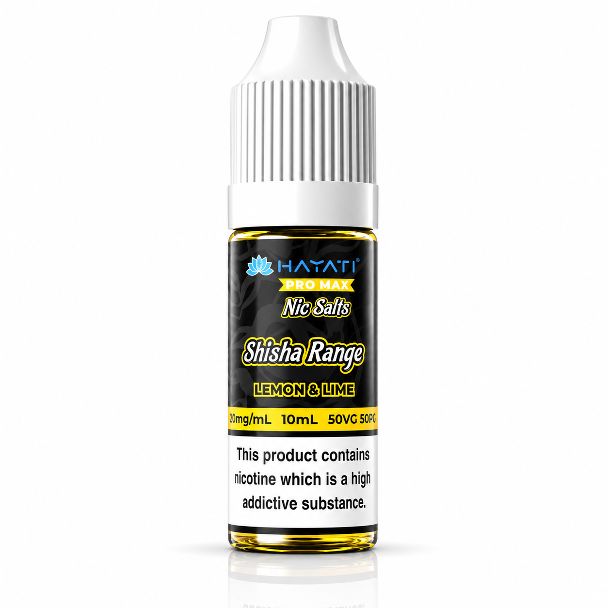 Hayati Pro Max Nic Salts Shisha Range e-liquid bottle on a pure white background with warning label, studio product image.