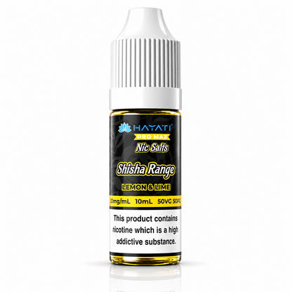 Hayati Pro Max Nic Salts Shisha Range e-liquid bottle on a pure white background with warning label, studio product image.