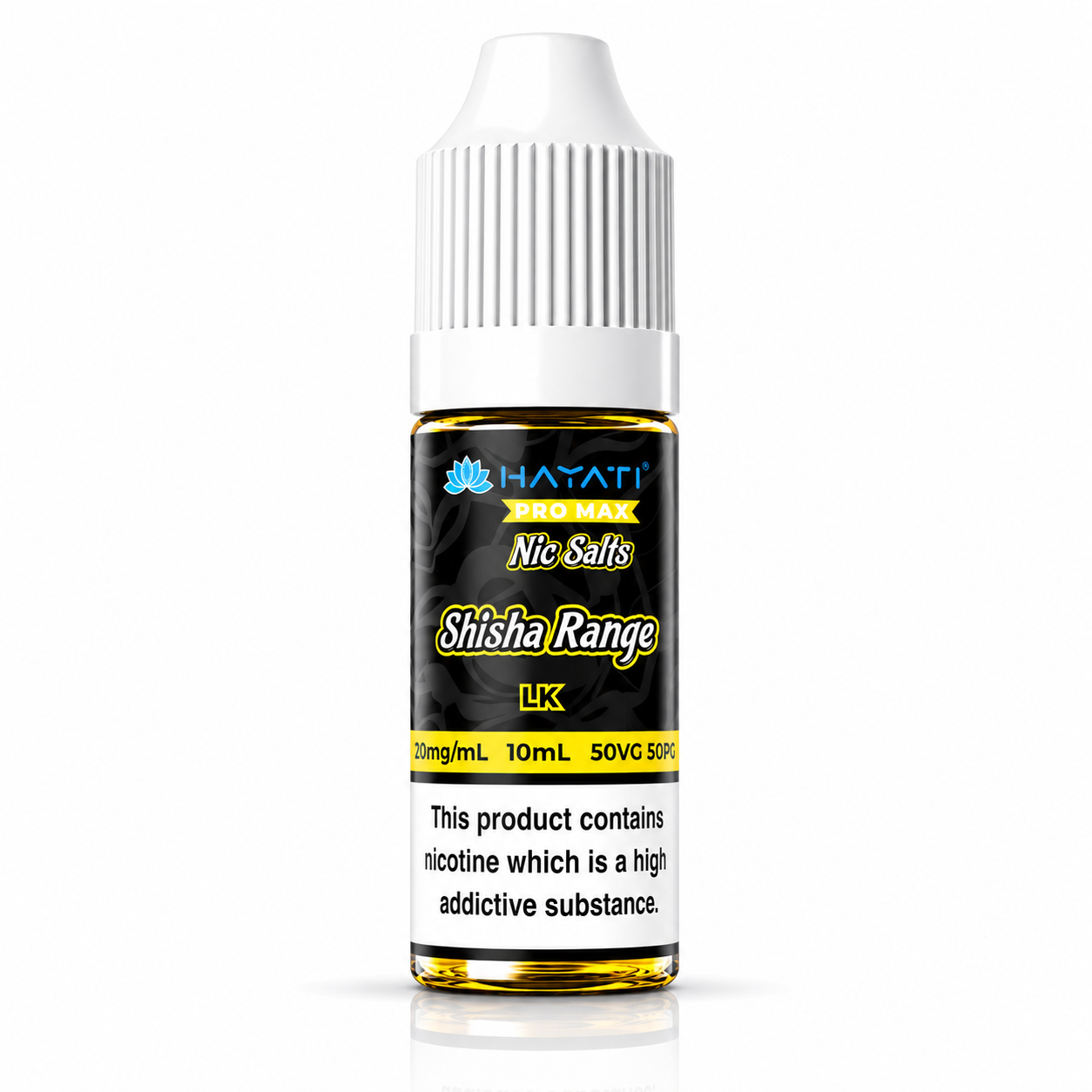 Hayati Pro Max Nic Salts Shisha Range e-liquid bottle on a pure white background with warning label, studio product image.