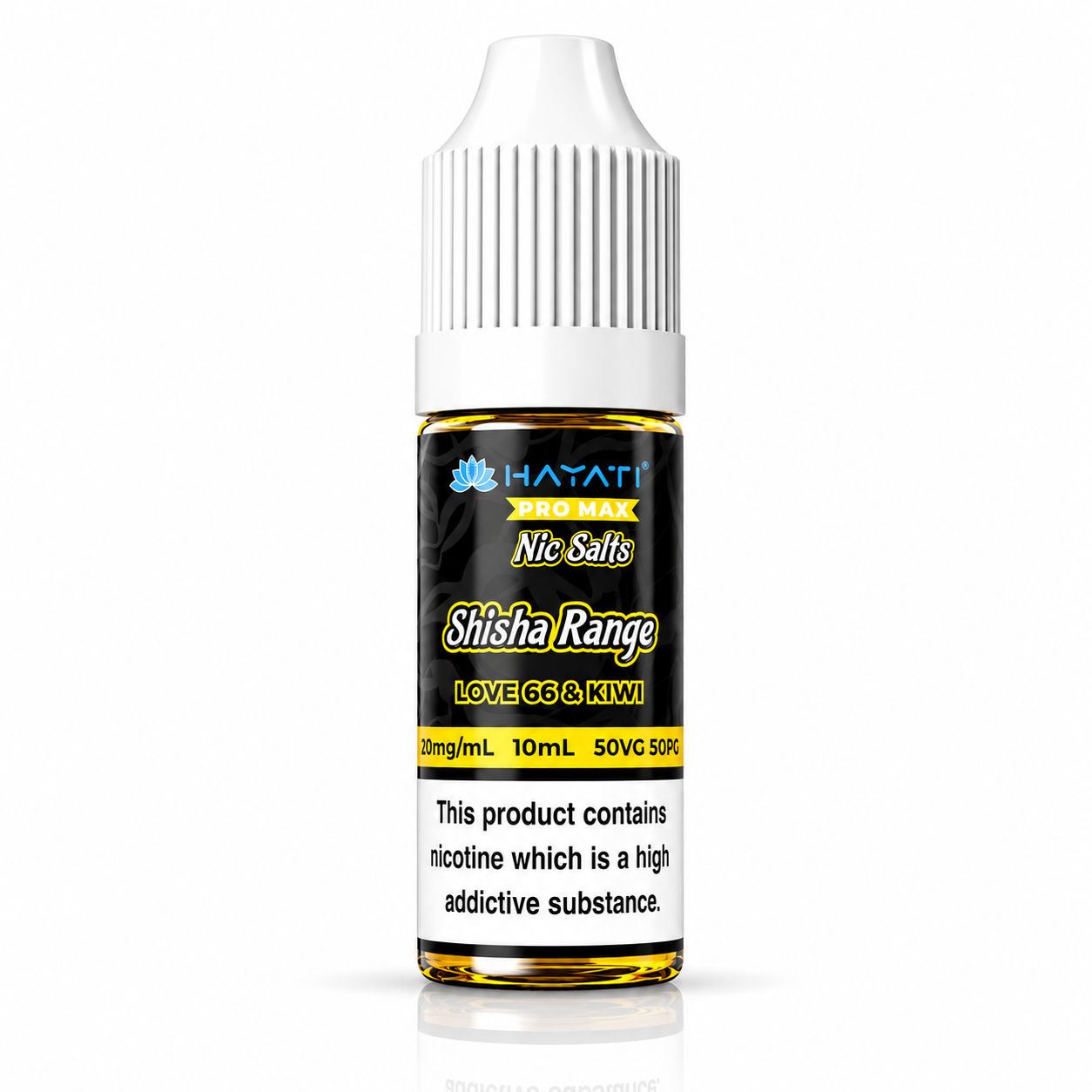 Hayati Pro Max Nic Salts Shisha Range e-liquid bottle on a pure white background with warning label, studio product image.