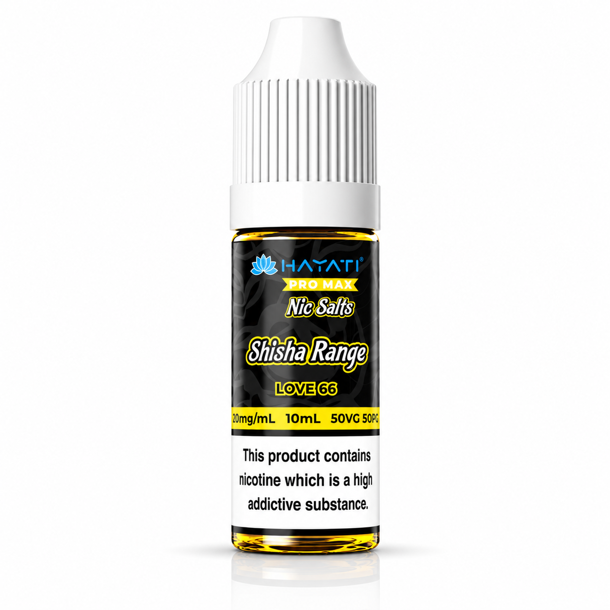 Hayati Pro Max Nic Salts Shisha Range e-liquid bottle on a pure white background with warning label, studio product image.
