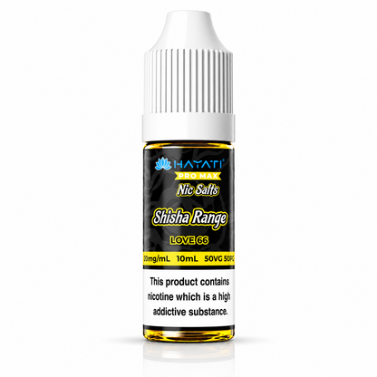 Hayati Pro Max Nic Salts Shisha Range e-liquid bottle on a pure white background with warning label, studio product image.