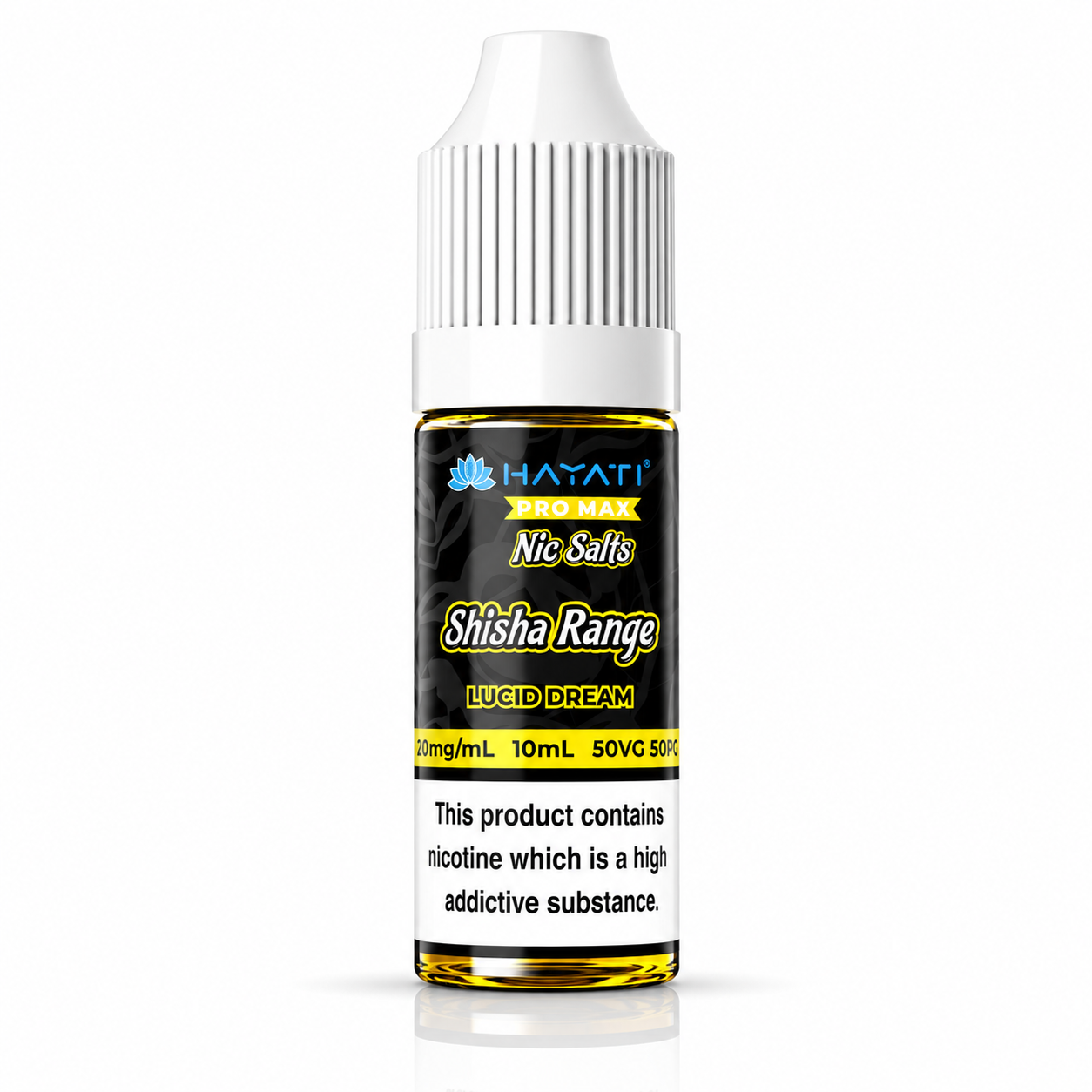 Hayati Pro Max Nic Salts Shisha Range e-liquid bottle on a pure white background with warning label, studio product image.