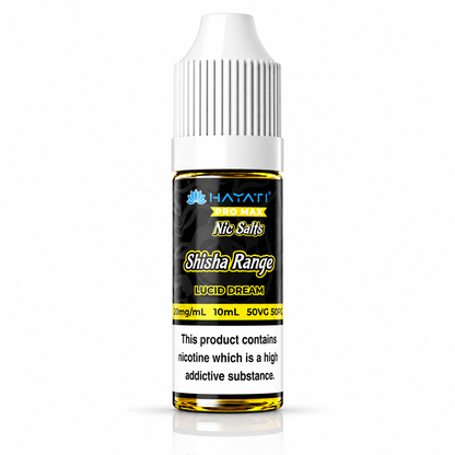Hayati Pro Max Nic Salts Shisha Range e-liquid bottle on a pure white background with warning label, studio product image.