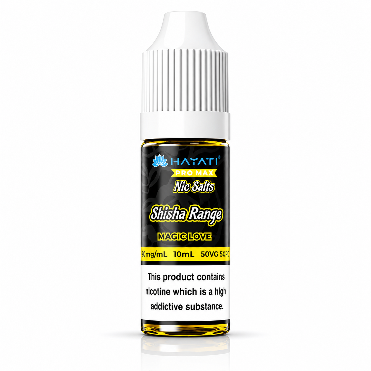 Hayati Pro Max Nic Salts Shisha Range e-liquid bottle on a pure white background with warning label, studio product image.