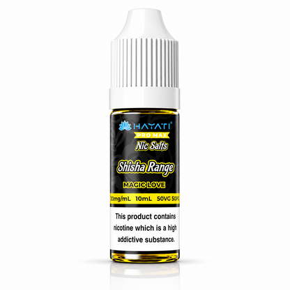 Hayati Pro Max Nic Salts Shisha Range e-liquid bottle on a pure white background with warning label, studio product image.