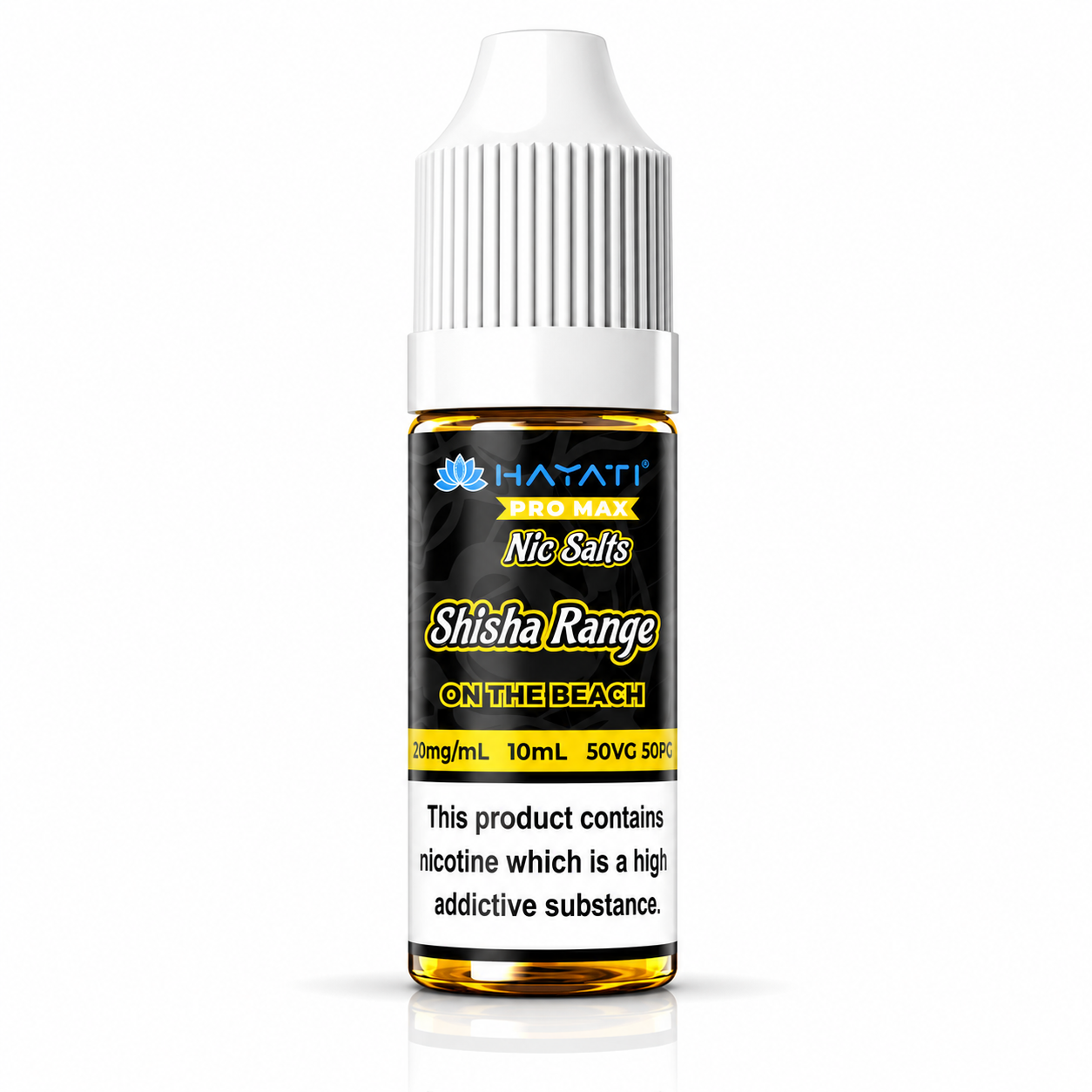 Hayati Pro Max Nic Salts Shisha Range e-liquid bottle on a pure white background with warning label, studio product image.