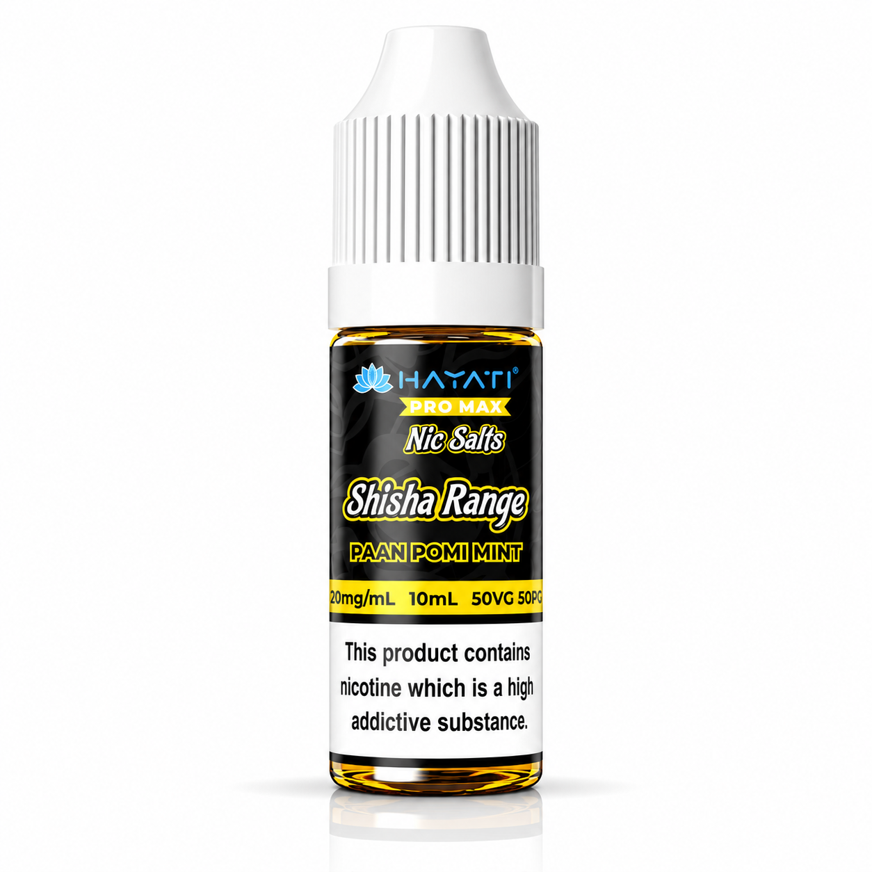 Hayati Pro Max Nic Salts Shisha Range e-liquid bottle on a pure white background with warning label, studio product image.