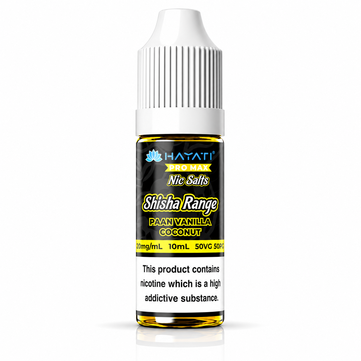 Hayati Pro Max Nic Salts Shisha Range e-liquid bottle on a pure white background with warning label, studio product image.