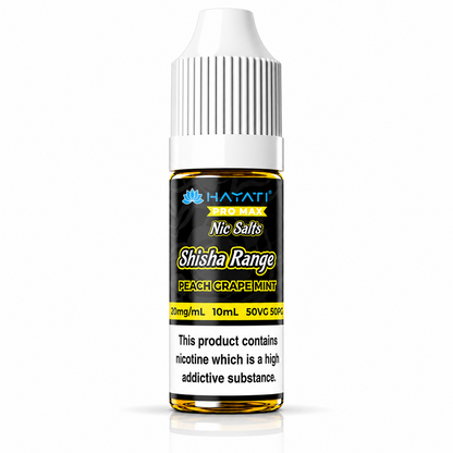 Hayati Pro Max Nic Salts Shisha Range e-liquid bottle on a pure white background with warning label, studio product image.