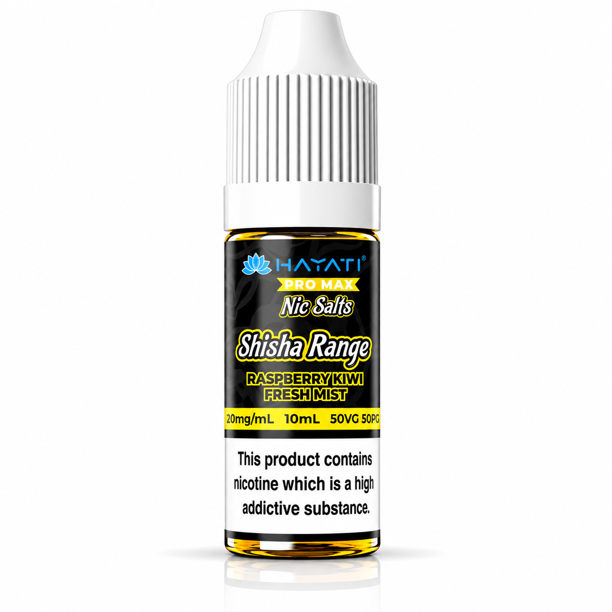 Hayati Pro Max Nic Salts Shisha Range e-liquid bottle on a pure white background with warning label, studio product image.