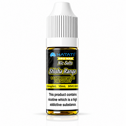 Hayati Pro Max Nic Salts Shisha Range e-liquid bottle on a pure white background with warning label, studio product image.