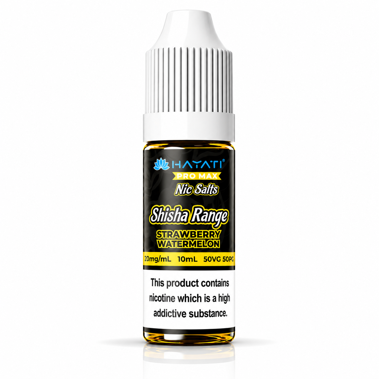 Hayati Pro Max Nic Salts Shisha Range e-liquid bottle on a pure white background with warning label, studio product image.