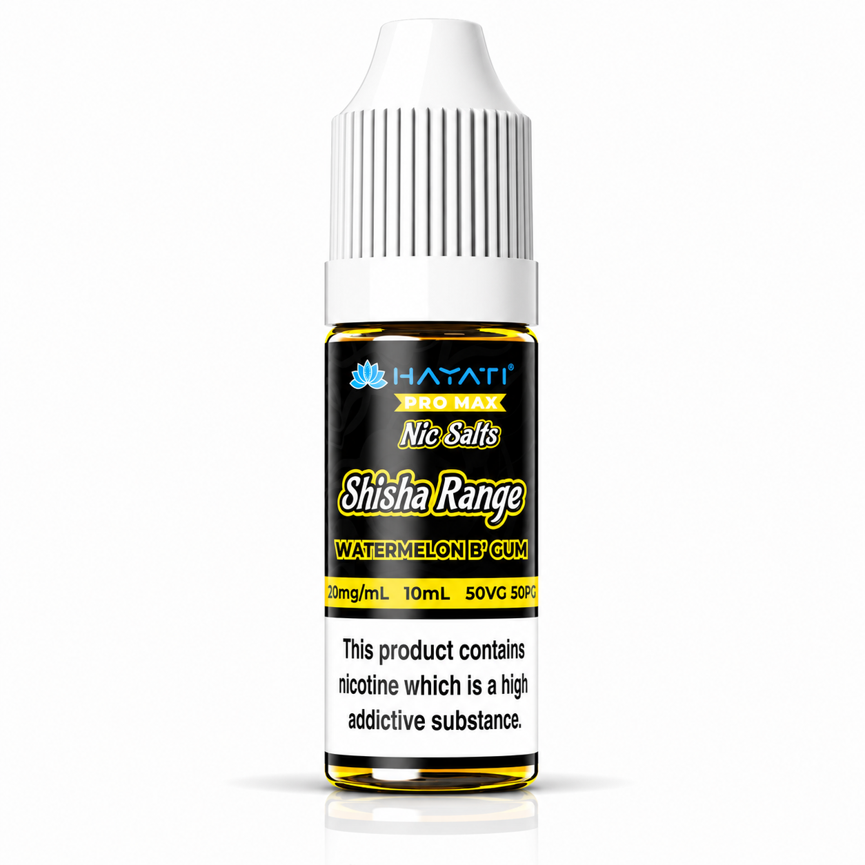 Hayati Pro Max Nic Salts Shisha Range e-liquid bottle on a pure white background with warning label, studio product image.