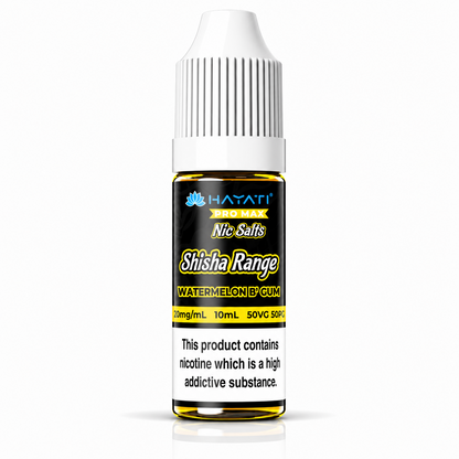 Hayati Pro Max Nic Salts Shisha Range e-liquid bottle on a pure white background with warning label, studio product image.