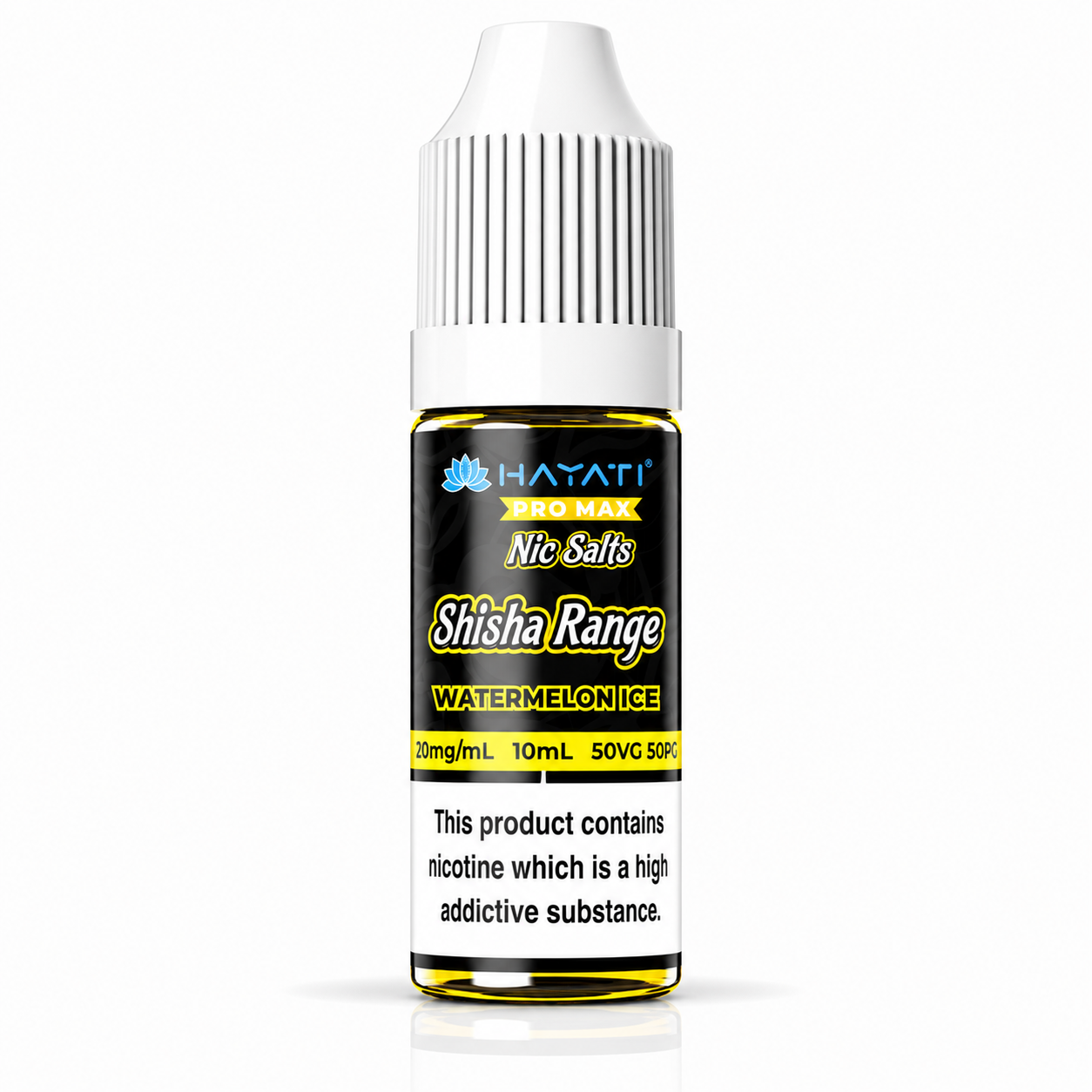 Hayati Pro Max Nic Salts Shisha Range e-liquid bottle on a pure white background with warning label, studio product image.