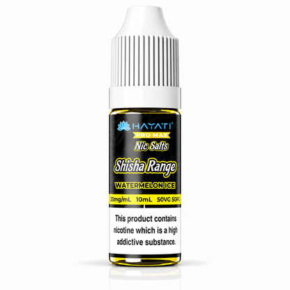 Hayati Pro Max Nic Salts Shisha Range e-liquid bottle on a pure white background with warning label, studio product image.