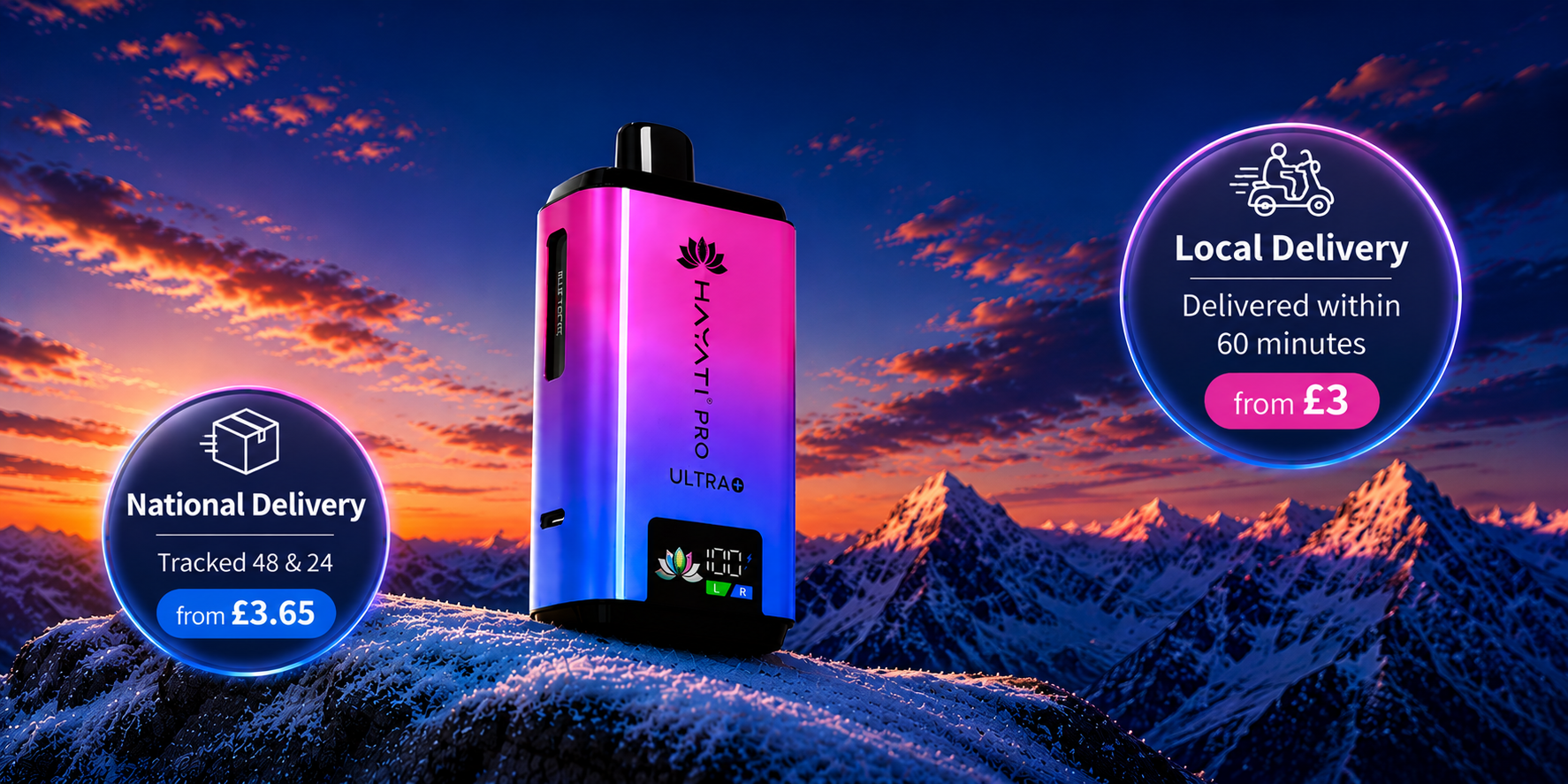 Vape device with delivery icons and mountain landscape