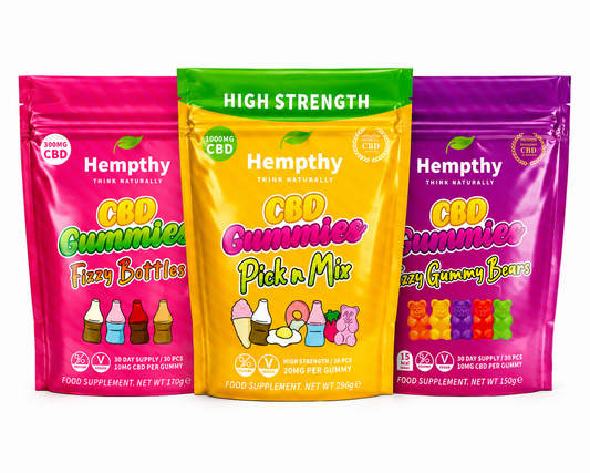 Hempthy edible gift box displayed on a pure white background with clear packaging and branding details.