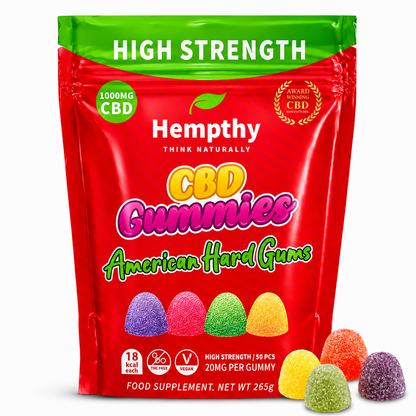 Hempthy gummies presented in a vegan-friendly pouch on a pure white background with clear packaging and branding details.