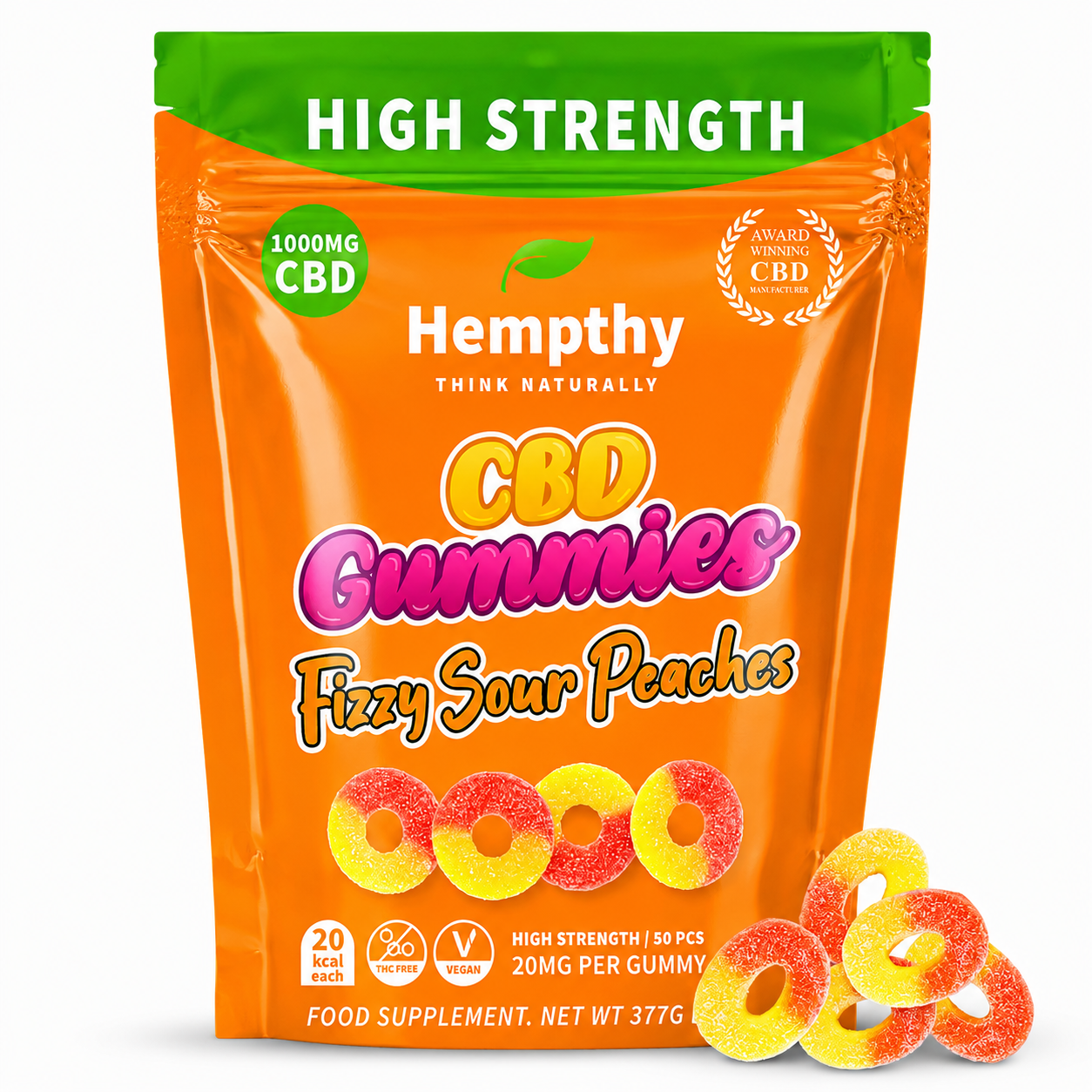 Hempthy gummies presented in a vegan-friendly pouch on a pure white background with clear packaging and branding details.