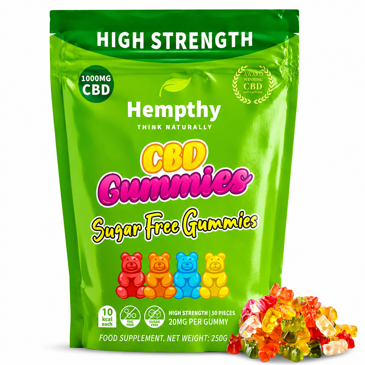 Hempthy gummies presented in a vegan-friendly pouch on a pure white background with clear packaging and branding details.
