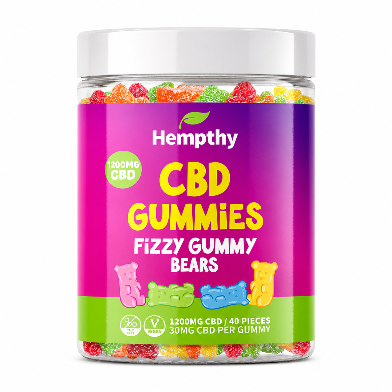 Hempthy gummies presented in a vegan-friendly tub on a pure white background with clear packaging and branding details.