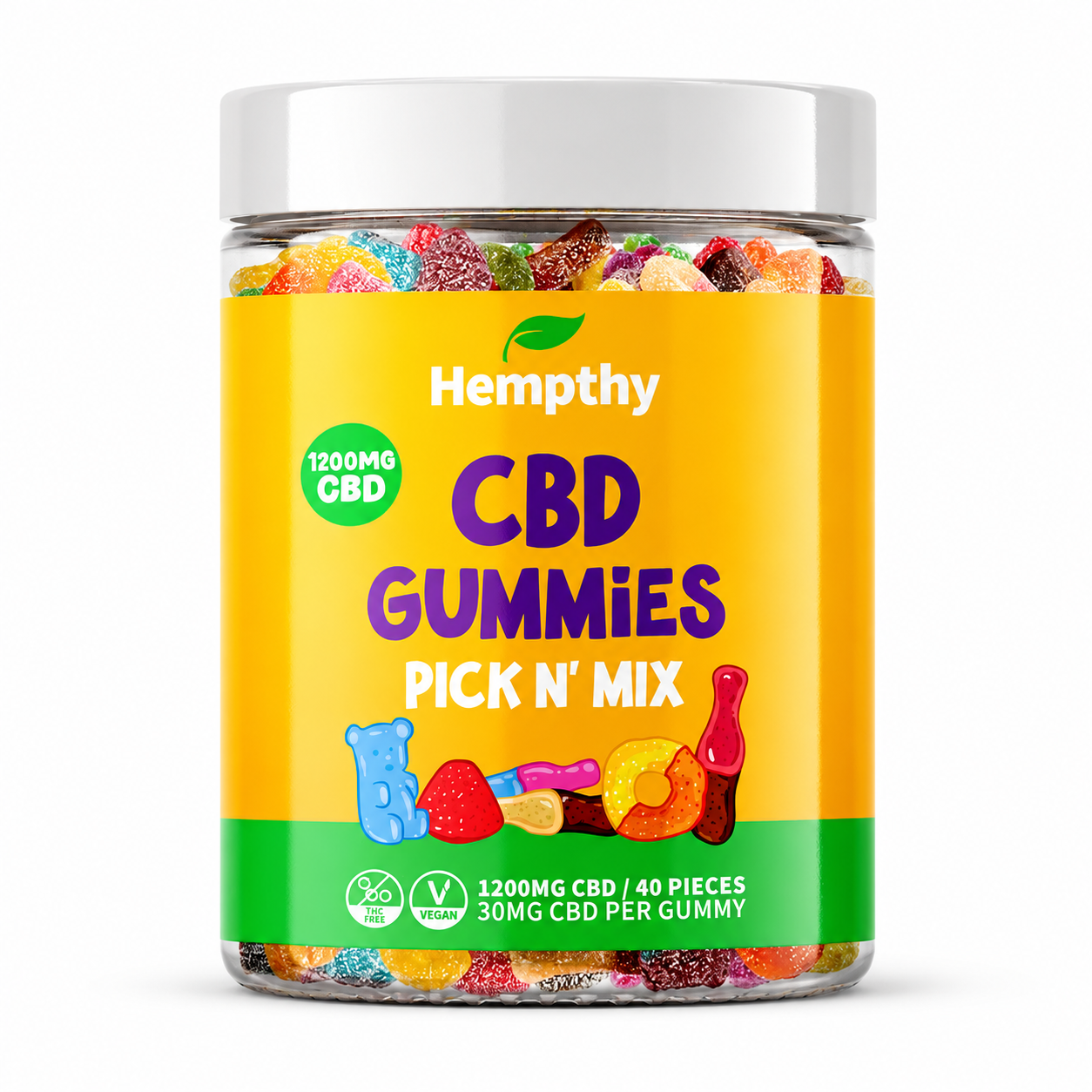 Hempthy gummies presented in a vegan-friendly tub on a pure white background with clear packaging and branding details.