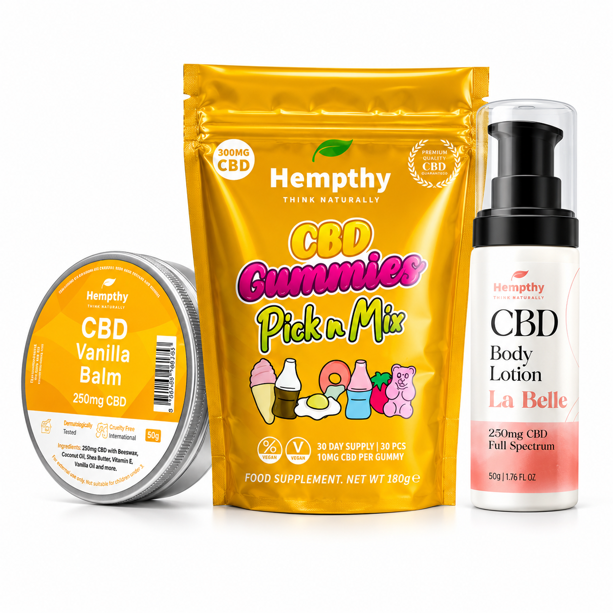 Hempthy relax gift box displayed on a pure white background with clear packaging and branding details