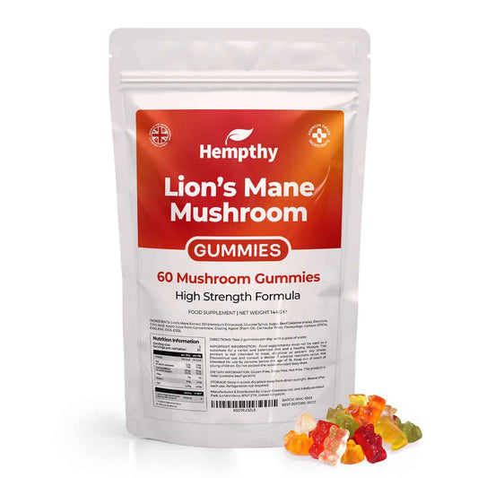 Hempthy Gummies 60‑pack tub featuring an orange label with a chewable gummy format, photographed on a pure white background.