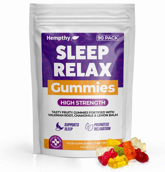 Hempthy Gummies 90‑pack sealable pack featuring a purple label and chewable gummy format, photographed on a pure white background.