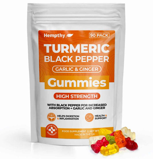 Hempthy Gummies 90‑pack pouch featuring a orange label and chewable gummy format, photographed on a pure white background.