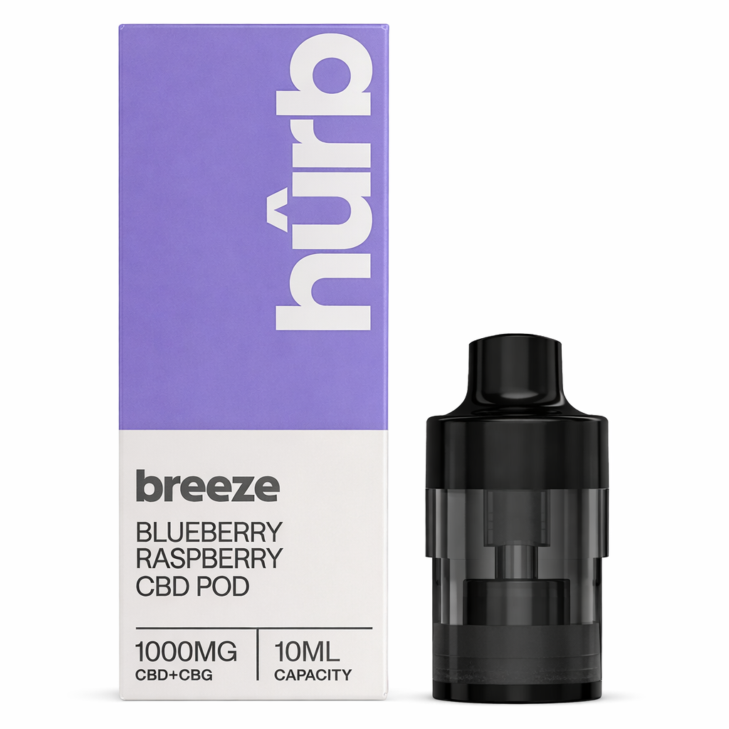 Hurb Breeze replacement pod shown on a pure white background with clear pod and label detailing.