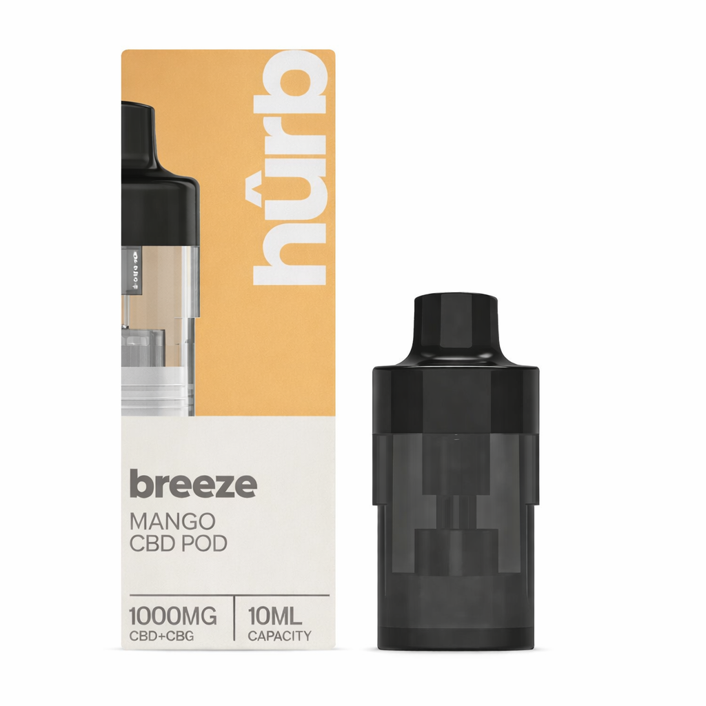 Hurb Breeze replacement pod shown on a pure white background with clear pod and label detailing.