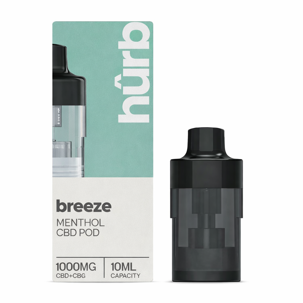 Hurb Breeze replacement pod shown on a pure white background with clear pod and label detailing.