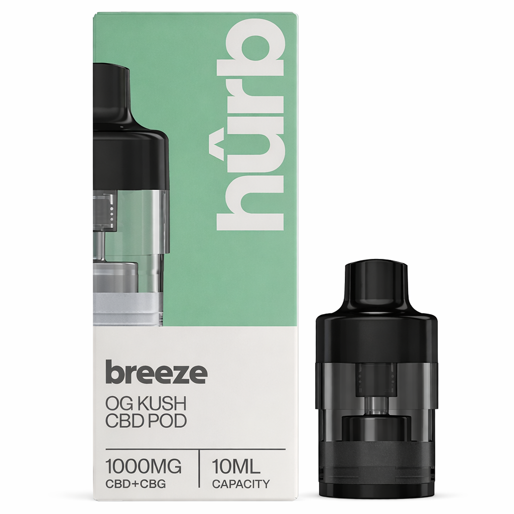 Hurb Breeze replacement pod shown on a pure white background with clear pod and label detailing.