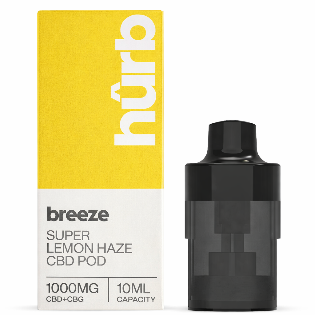 Hurb Breeze replacement pod shown on a pure white background with clear pod and label detailing.