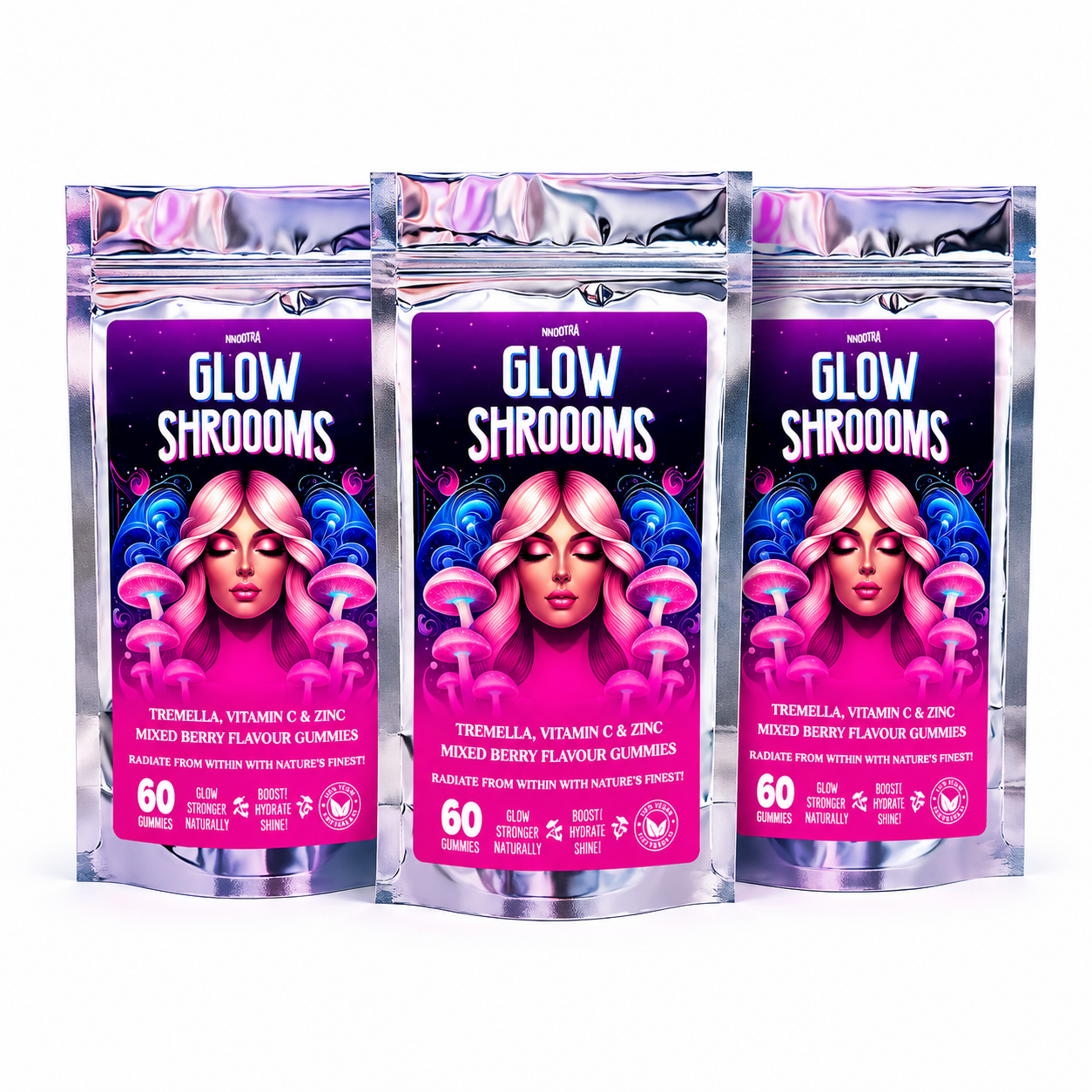 Three packages of Glow Shroooms gummies with a pink and blue design on a white background.