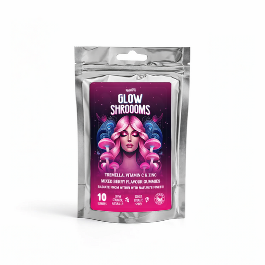 Innooova Glow Shrooms Gummies pack of 10 shown upright in a silver resealable pouch with clear branding on a pure white background.