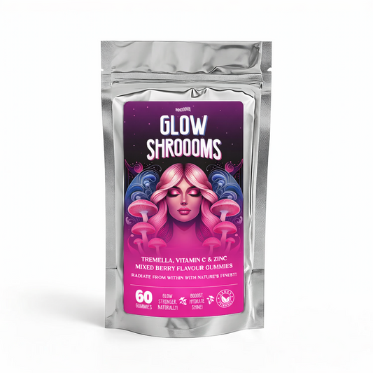 Innooova Glow Shrooms Gummies pack of 60 shown upright in a silver resealable pouch with clear branding on a pure white background.